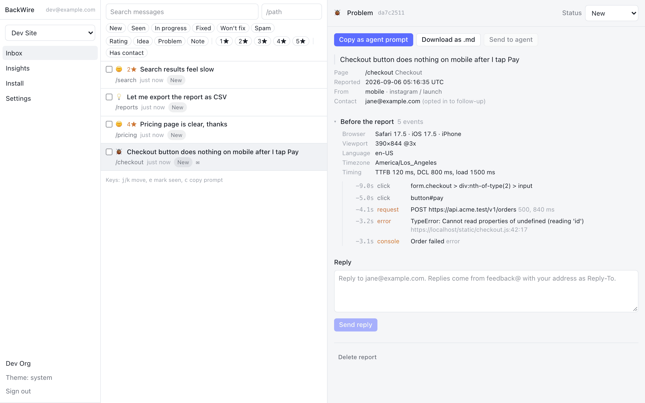 The BackWire inbox: a list of reports on the left, one report open on the right with its merged timeline of clicks, failed requests and errors, and the Copy as agent prompt button.